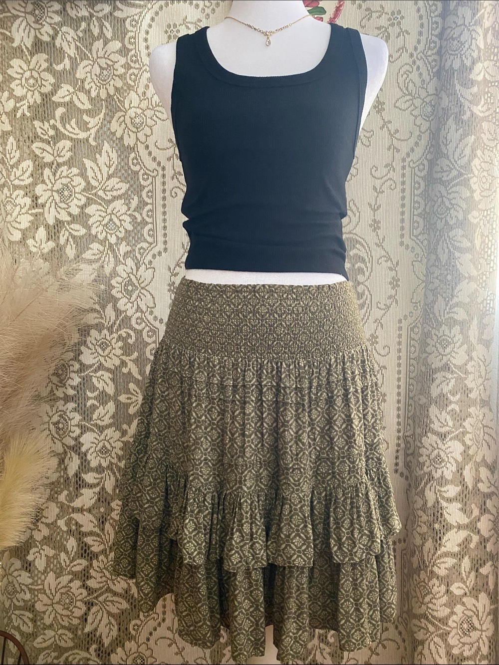 Lauren Ralph Lauren Olive Printed Tiered Smocked Waist Skirt